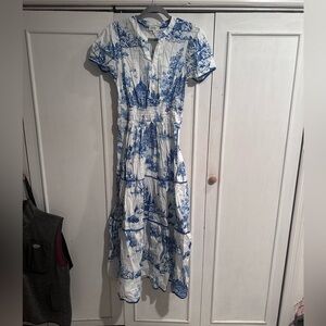 Blue and White Chinoiserie Printed Women's Dress
